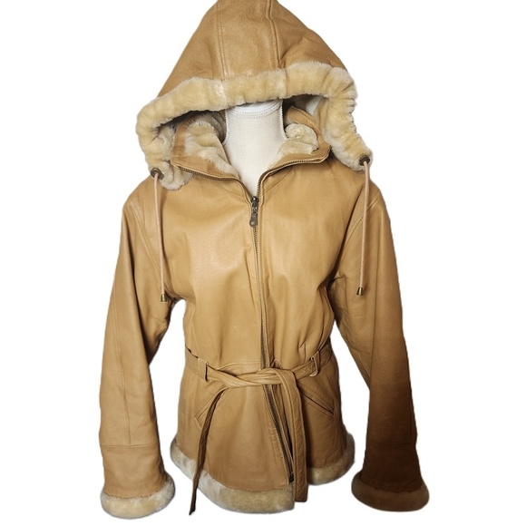 Vintage XL Leather Fur Trim Shearling Belted Coat Tan Marcia Collection - Picture 2 of 13